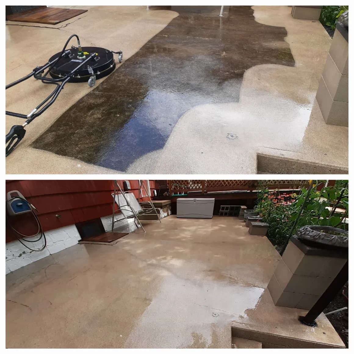 Concrete patio during cleaning and after the completed service