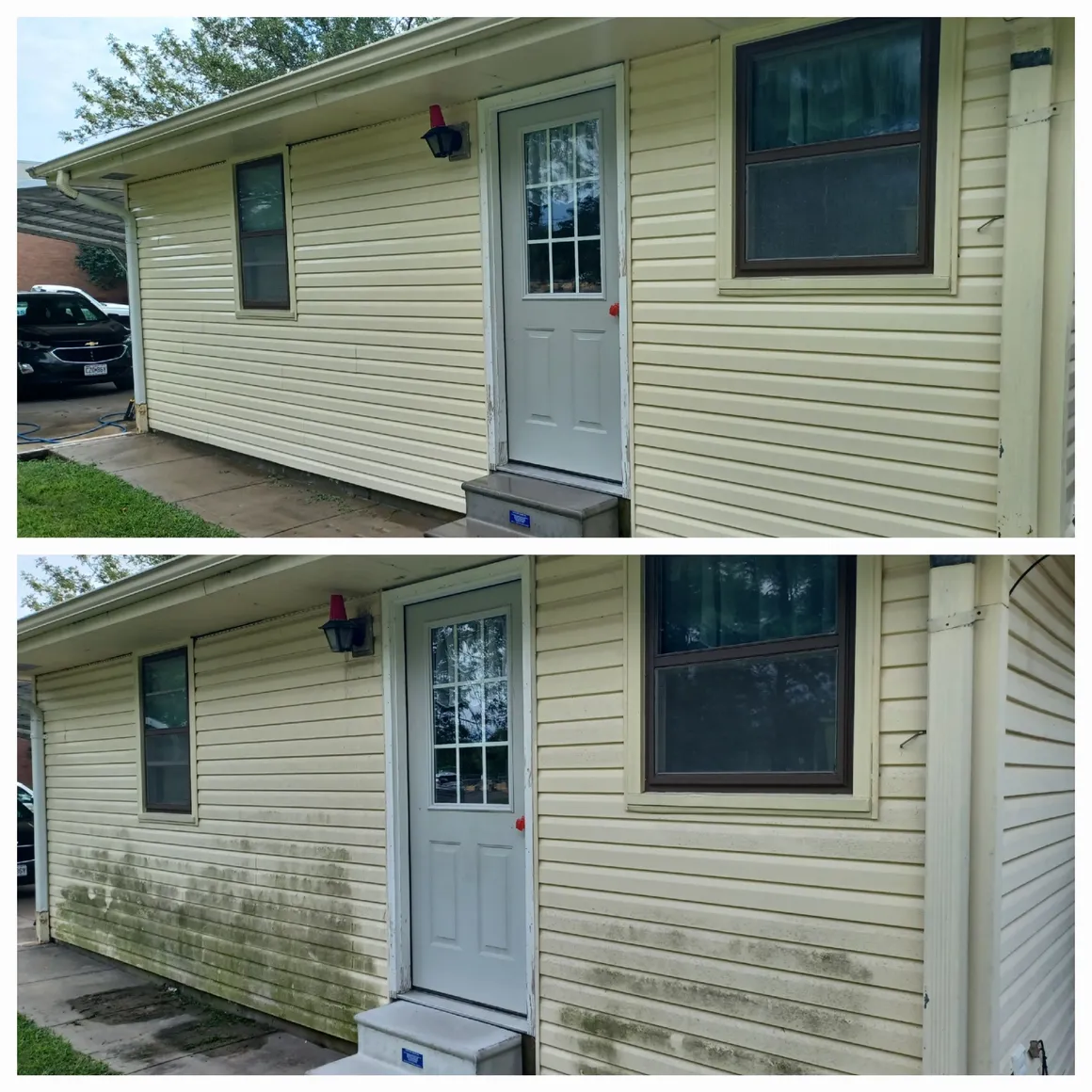 Exterior wall cleaning. After above · Before below.
