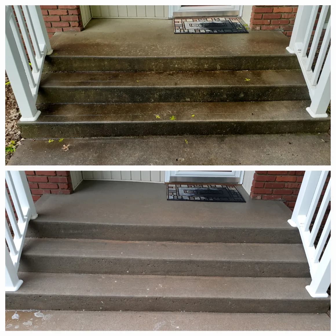 Front porch & concrete steps: before cleaning at the top, after cleaning at the bottom