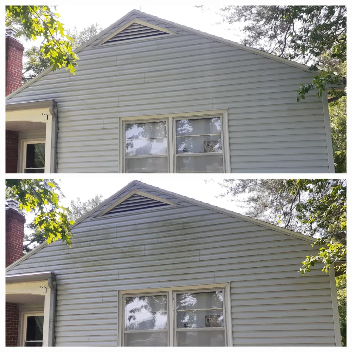 Light-gray house siding. After above · Before below.