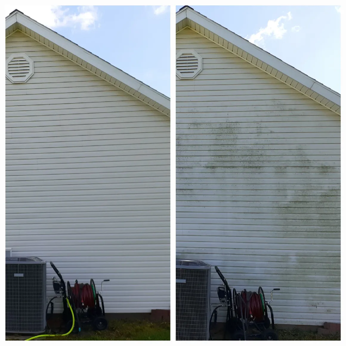 Siding around a utility area. After left · Before right.