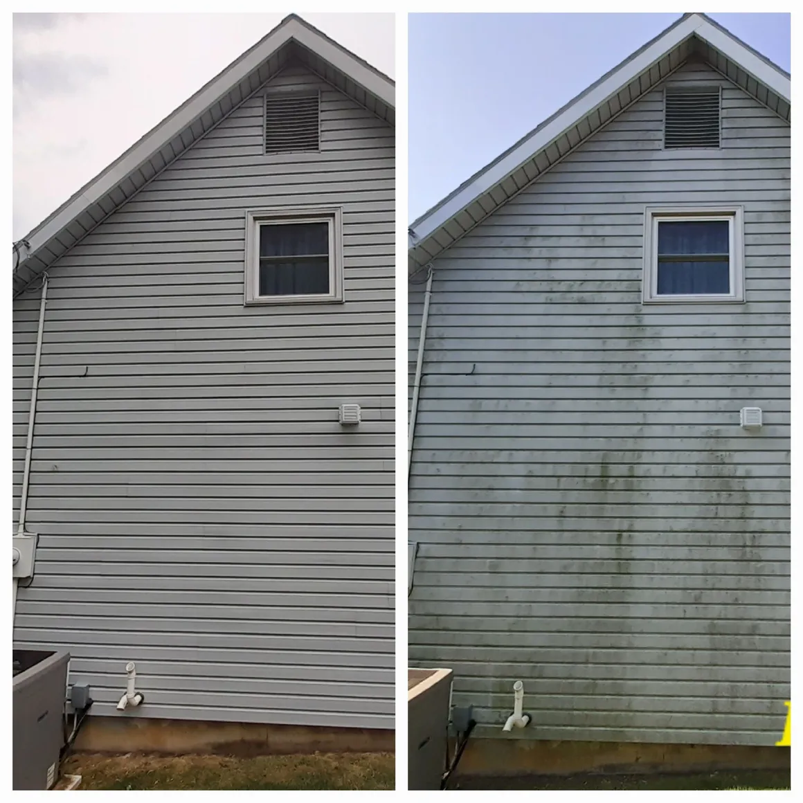 Gray siding and gable. After left · Before right.