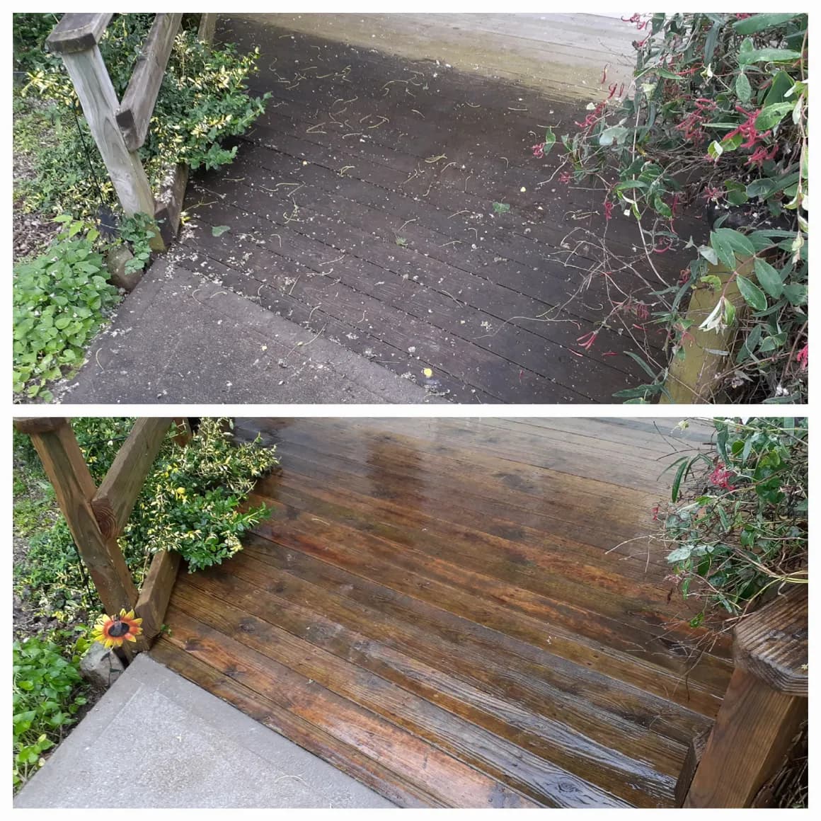 Wood steps and landing. Before above · After below.